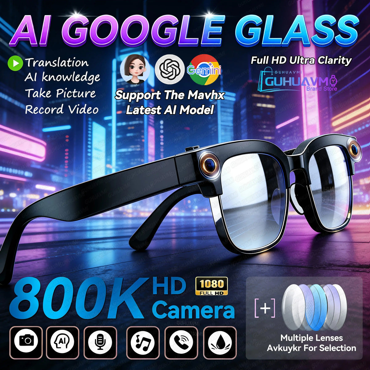 2026New AI Smart Glasses 120+Language Translation 800W Pixel Camera Video Music Player Call Business 8K Color Change Glasses Men