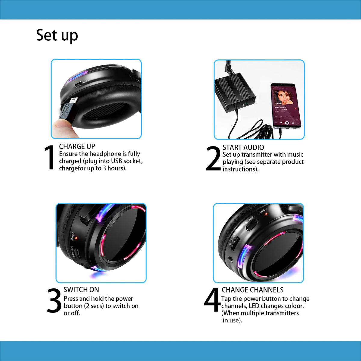 Best Silent Disco Headset Party System LED Flashing Headphones with 3-CH 500M  Transmitter- RF Wireless For iPod MP3 DJ Music