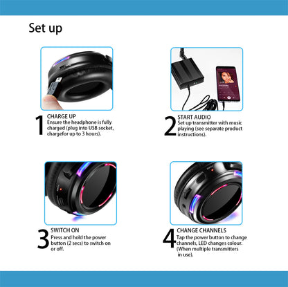 Best Silent Disco Headset Party System LED Flashing Headphones with 3-CH 500M  Transmitter- RF Wireless For iPod MP3 DJ Music