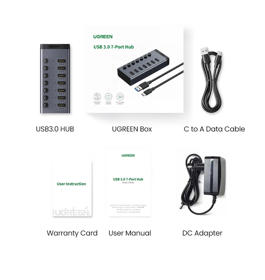 UGREEN USB C Hub 7-Port USB3.0 Splitter with Individual OFF/ON Switch LED Indicator for Desktop PC Laptop USB Ports Extender