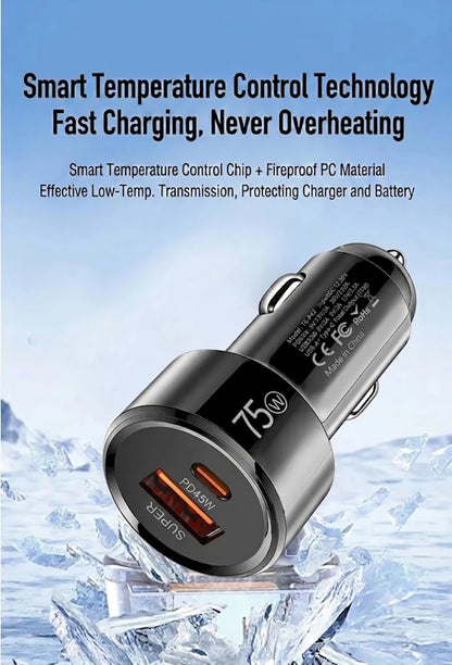 Dual Port 75W Vehicle Charger PD 45W QC 30W Fast Charging Auto Adapter Intelligent Chip Multiple Protections For Cars For iPhone