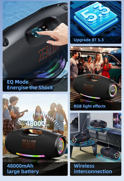 ZEALOT S89 Wireless Speaker 250W Portable Outdoor with RGB Color Lights Long 48000mAh Battery up to 8 Hours Playtime