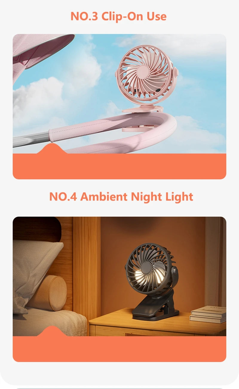 720°Rotatable Clip Fan Mini Cooler Fan Built In Night Lamp USB Rechargeable Personal Portable Fan For Outdoor Camping Ventilador