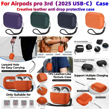 For AirPods Pro 3 Leather Pattern TPU Case Cover Accessories Cute Skin Full Protector Cover with Keychain for AirPods Pro 3 Case