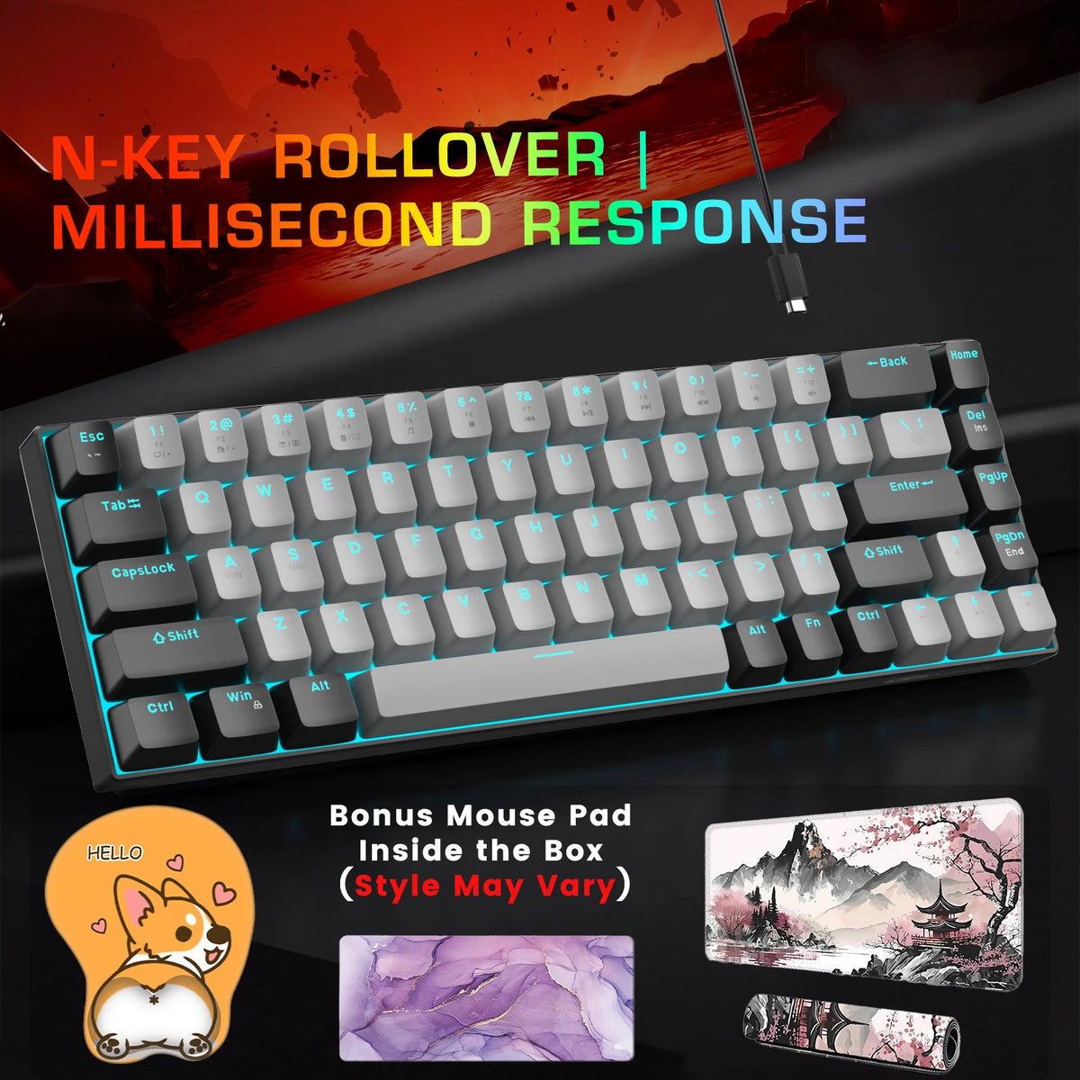 FocusOnPC MK-BOX Portable 60% Mechanical Gaming Keyboard, 68 Keys Compact Wired Keyboard with LED Backlight for Gaming & Office, Compatible with PC, Laptop & Mac, Free Random Mouse Pad Included