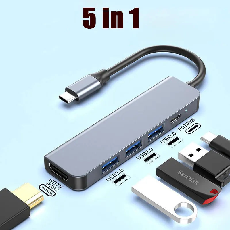 5 Ports USB C Hub to 4K HDMI-Compatible PD Fast Charge USB 3.0 2.0 HUB Type C Charging Docking for MacBook iPad Samsung
