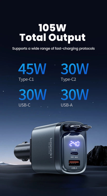 Toocki 105W Car Charger USB C Retractable Cable 0.75m PD 45W QC 3.0 SCP SFC2.0 PPS Fast Charging for iPhone 17 16 Samsung Tablet