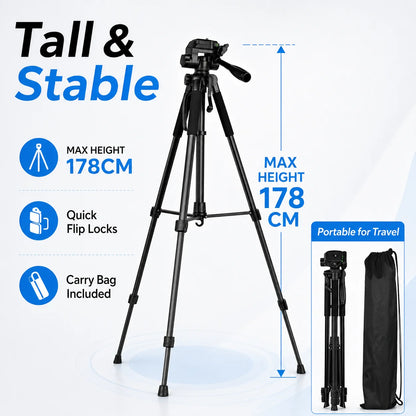 360° Camera Tripod Stand, Portable Photography Tripod for Phone, Telescope, Projector, Action Camera, Selfie, Live Streaming & V