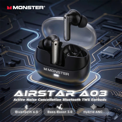 Monster Airstar A03 ANC Bluetooth 6.0 Earbuds Punchy Deep Bass Sports Headphones Active Noise Cancellation TWS Wireless Earphone