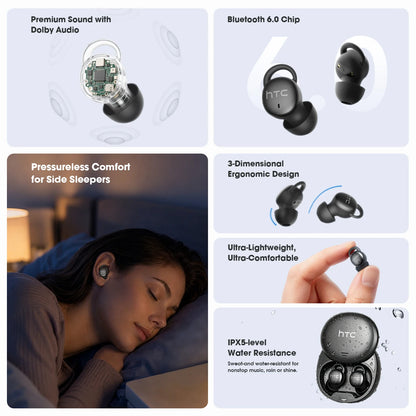 HTC Sleep Earbuds Wireless Bluetooth Earphones Side Sleeper Comfort Noise Cancelling Block Snoring Ultra-Lightweight Headphones