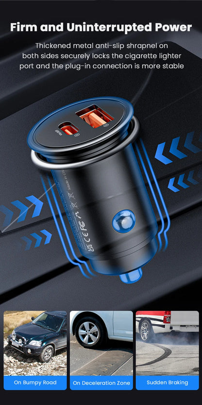 Vyvylabs 65W Car Charger Zinc Alloy Mini USB-A Type-C Fast Charging Adapter DC12V-24V Car Max 65W for iPhone 17 Samsung Huawei