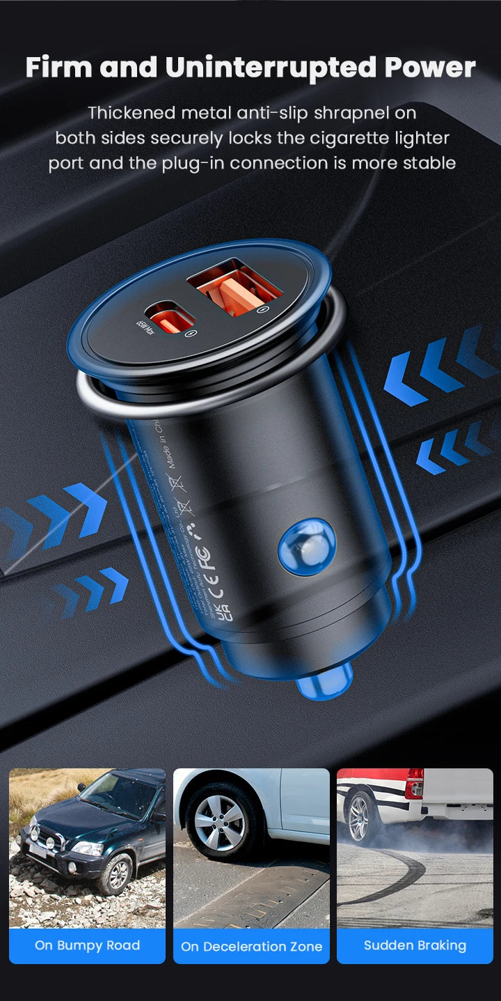 Vyvylabs 65W Car Charger Zinc Alloy Mini USB-A Type-C Fast Charging Adapter DC12V-24V Car Max 65W for iPhone 17 Samsung Huawei