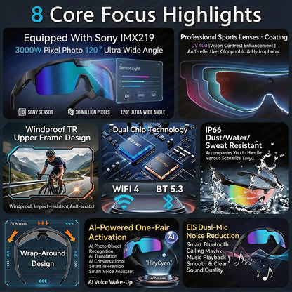 2026 New AI Smart Sports Glasses with 30MP Camera 4K Anti-shake Bicycle Riding Shooting Artifact Dual Mic 32GB Windproof Goggles