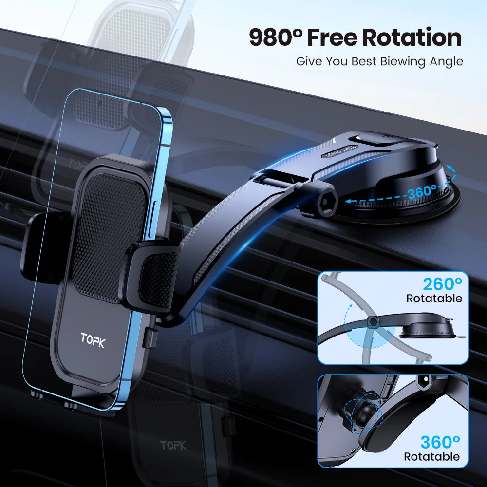 TOPK Adjustable Dashboard Car Phone Holder 360° Rotation Horizontal Vertical Mount Stand for iPhone 15 14 Samsung Auto Bracket