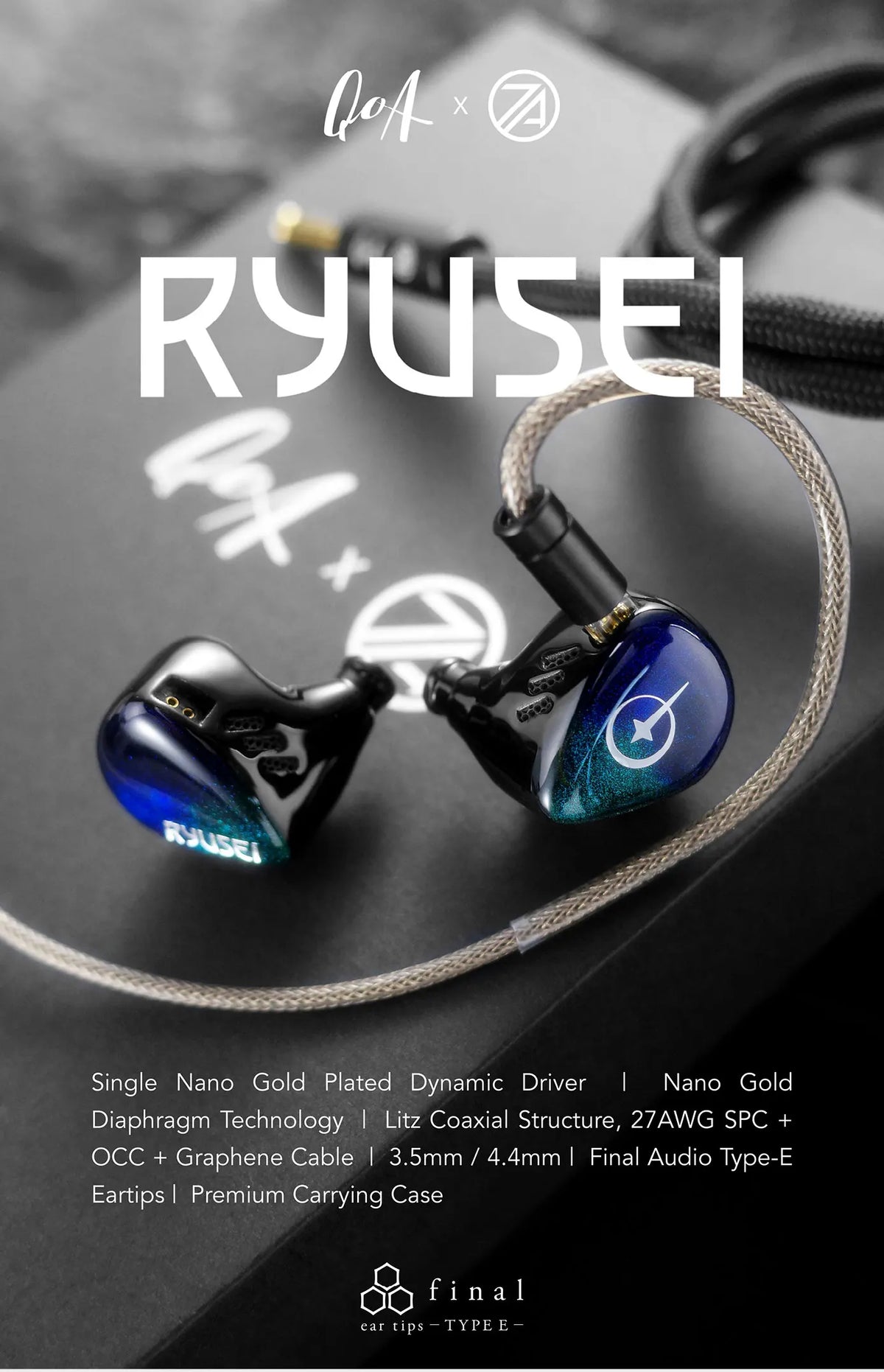 New QoA X 7th Acoustics Ryusei Headphone Single Nano Gold Plated Dynamic Driver In Ear Earphones With HiFi Earbuds Cable Plug