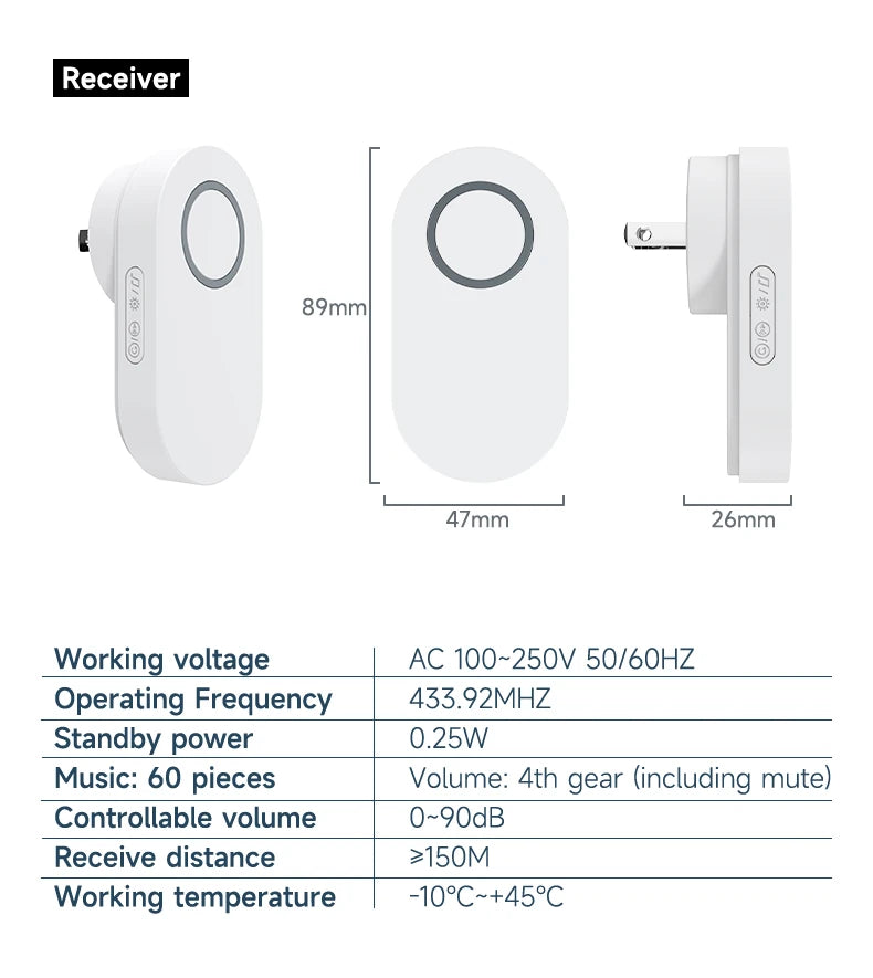 Newest Household High Volume Self Powered Wireless Doorbell US/EU/UK Plug Battery Free 60 Songs Waterproof Kinetic Door Bell