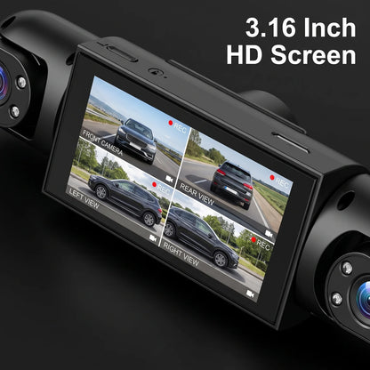 Car Dash Cam 4 Channel 3.16 Inch Screen Four Way Recording Front Left Right Rear Camera With 64G TF Card 1080P Front Dashcam 150 Degree Wide Angle Loop Recording Motion Detection Multi Language Vehicle Driving Recorder For Ca