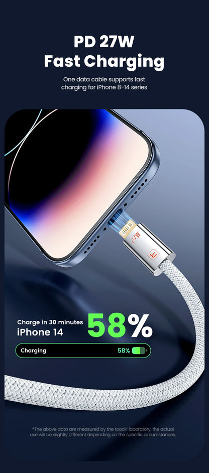 Toocki 27W USB C to Lightning Fast Charging Cable for iPhone 14 13 12 Pro Max Xs 2.4A USB A to iP Zinc Alloy Data Cable for iPad
