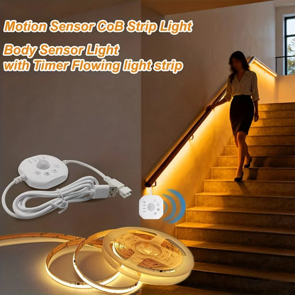 Human Motion Sensor Cob Light Strip, Flowing Motion Sensor Led Light Strip, Usb-Powered Flexible Light Strip, Wall-Mounted Design, Sensor-Activated Lighting, Lights up When People Approach, Turns Off When People Leave, Flowin
