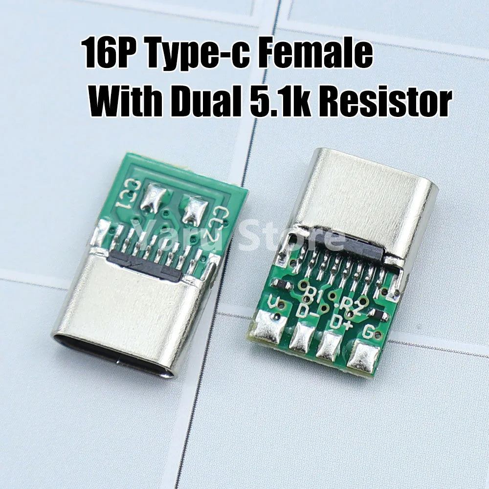 16pin USB Electric Terminals Welding DIY Data Cable Support PCB Board USB Type C Female Connectors Jack With Dual 5.1K Resistors