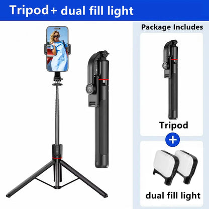 FANGTUOSI Selfie Stick Tripod with Bluetooth Remote, 6-Section Extendable Pole, 360° Rotation, Fill Light Option, for Phone Vlog