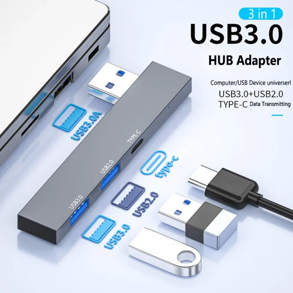 USB Hub 3 Port USB 3.0 Adapter 4 IN 1 Portable Mini Docking Stations Ultra-Slim 5Gbps/480Mbps High Speed Multi USB-C Splitter