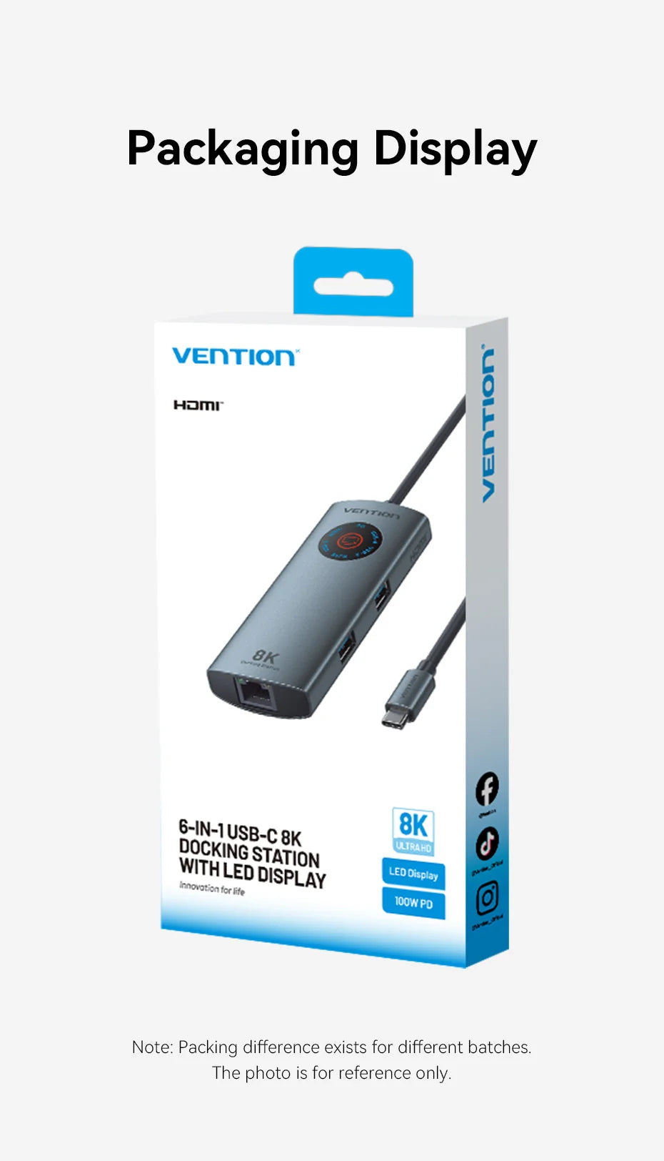 Vention 6 in 1 USB C 8K@30Hz HDMI HUB Smart Led Touch USB 3.0 Ethernet Adapter Docking Station for MacBook Lenovo HP iPad Laptop
