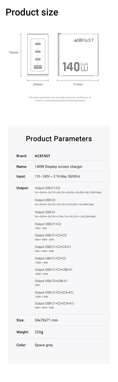 ACEFAST US Plug GaN 140W Fast Charging Phone Charger LED Display Screen For iPhone 17/16 Pro Max USB C USB A Wall Travel Adapter