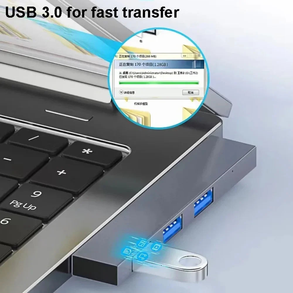 USB Hub 3 Port USB 3.0 Adapter 4 IN 1 Portable Mini Docking Stations Ultra-Slim 5Gbps/480Mbps High Speed Multi USB-C Splitter