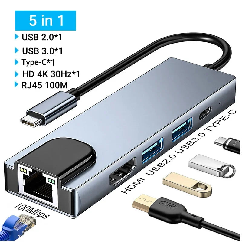 5 in 1 USB C Hub to 4K HDMI-compatible USB 3.0 2.0 Type C Charging RJ45 100M Splitter USB 3.0 5Gbps High Speed USB C HUB Adapter