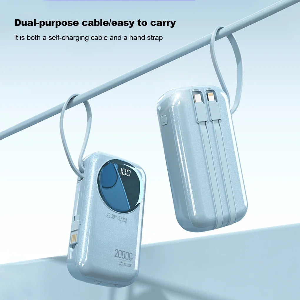 CCC Certified 20000mAh Mini Power Bank, 22.5W PD Fast Charging Built-in Cable, Portable Charger for iPhone Samsung Airplane Safe