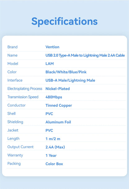 Vention Lightning Cable 2.4A for iPhone 14 13 12 11 8 Pro Max 2.4A USB A to Lightning Fast Charge Cord for iPad Phone Data Cable