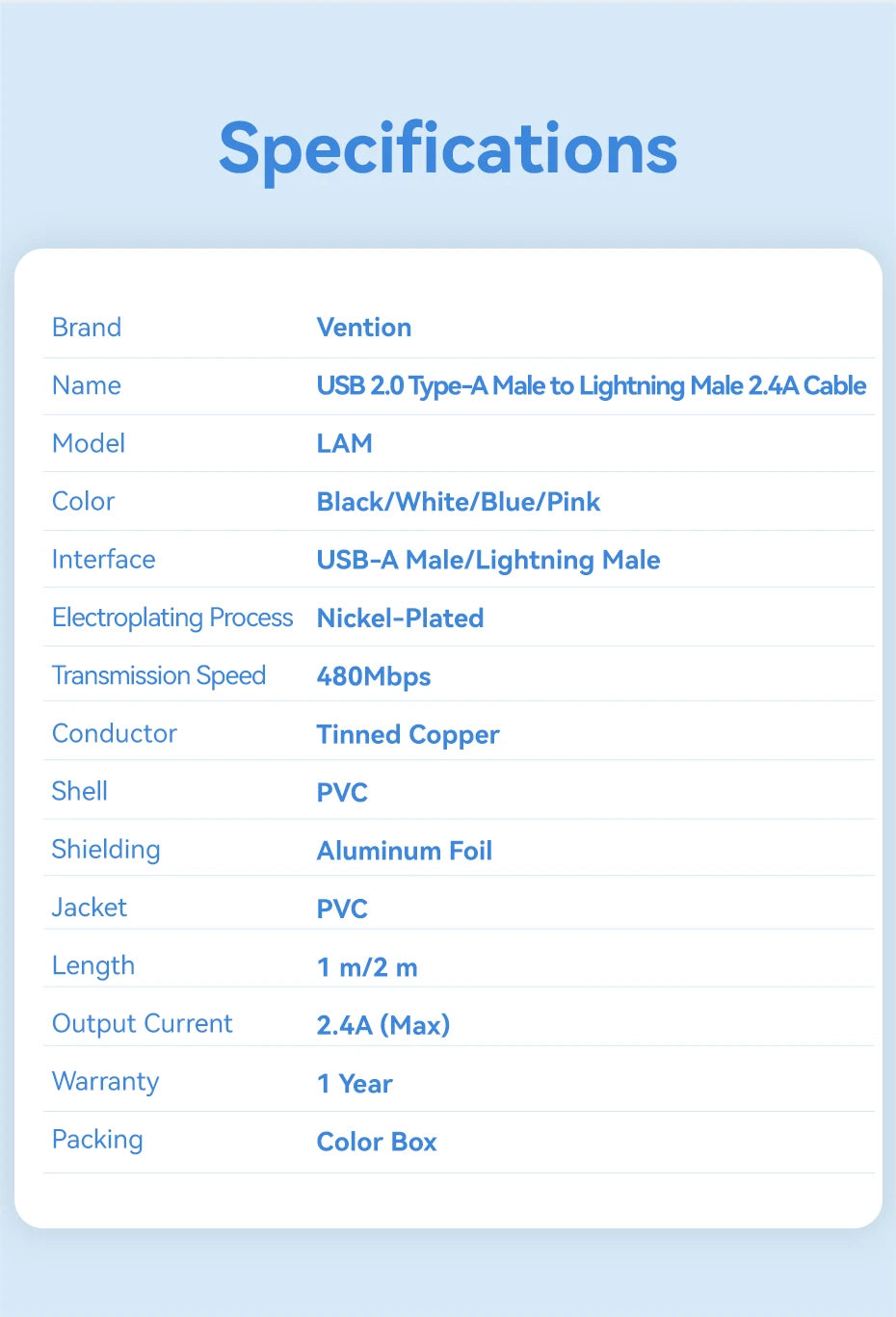 Vention Lightning Cable 2.4A for iPhone 14 13 12 11 8 Pro Max 2.4A USB A to Lightning Fast Charge Cord for iPad Phone Data Cable