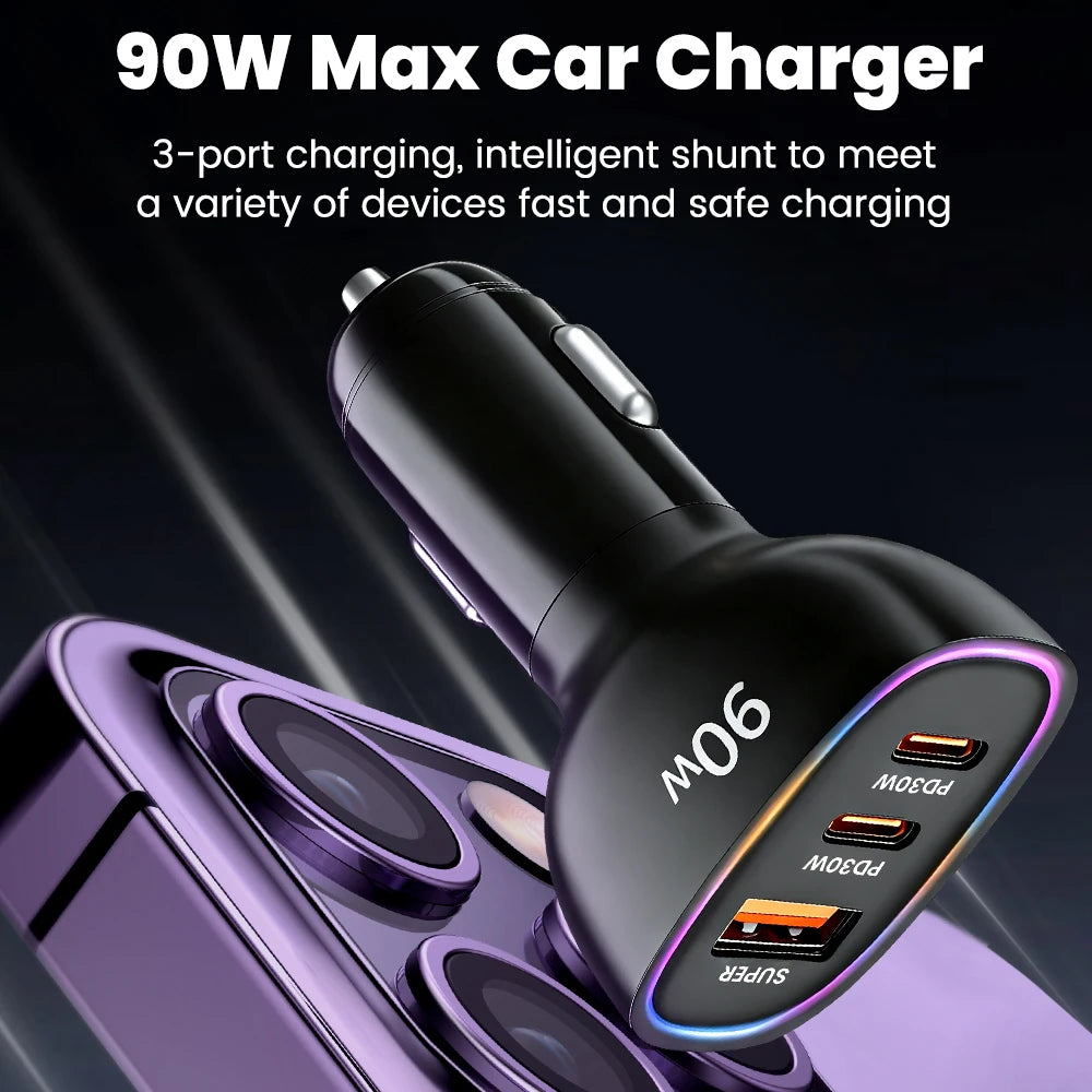 PD90W 3 Ports Car Phone Fast Charger Dual PD30W+QC30W Cigarette Lighter USB Car Charger Adapter For iPhone Huawei Xiaomi Samsung