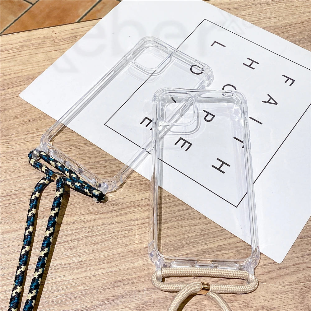 Crossbody Necklace Cord Lanyard Transparent Phone Case For iPhone 16 15 13 Pro Max 12 11 7 8 Plus X XR XS Strap Hang Rope Cover