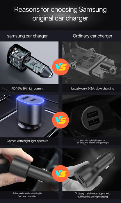 Original SAMSUNG Car Charger Type C 60w 45w 15w PD Auto Cargador Fast Charging Cable Samsung Galaxy S26 S25 S24 S23 Z Fold 8 7 6