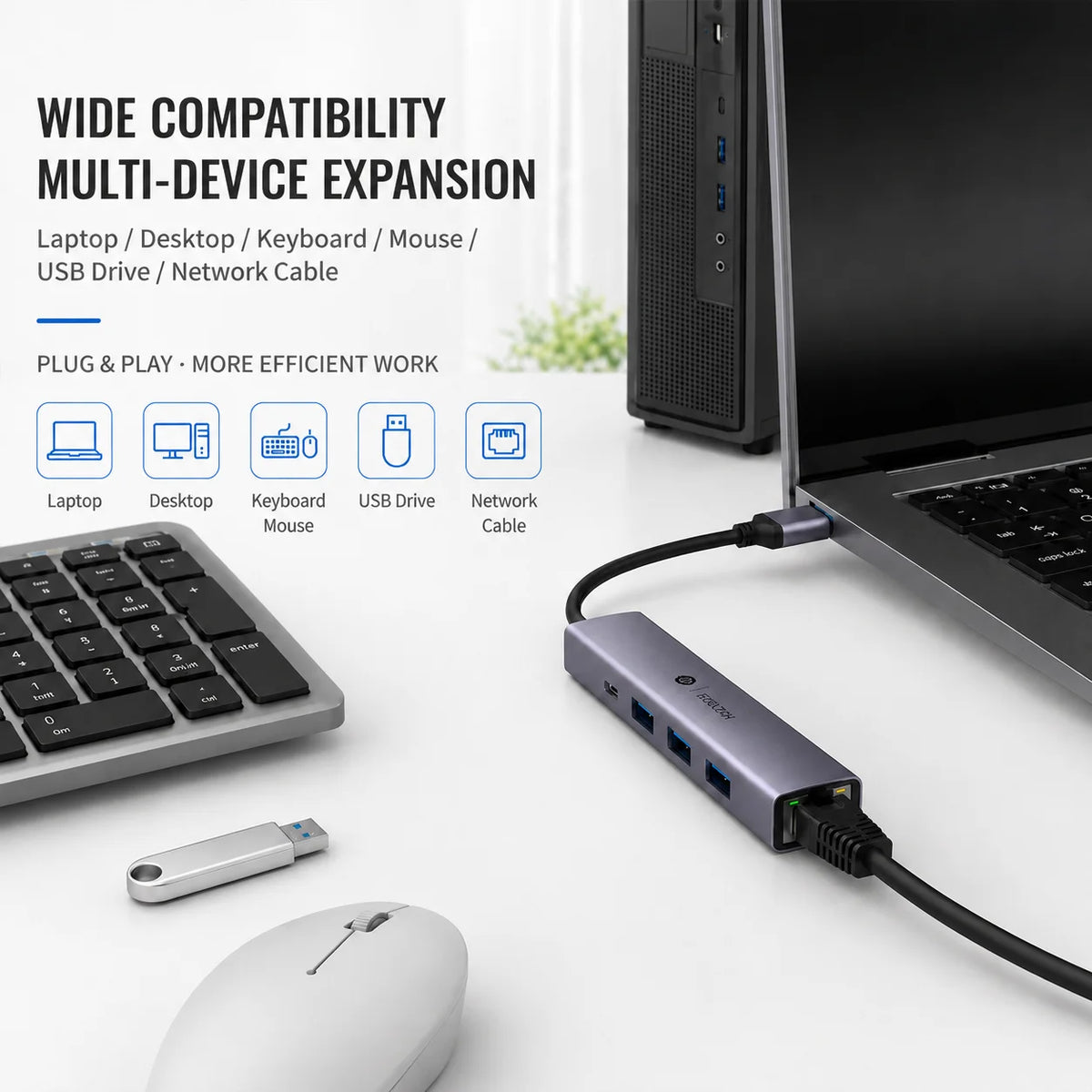 TECHCLAW USB3.2 Hub USB-A+Type-C Dual Input Docking Station 3 USB Ports + RJ45 Gigabit Ethernet LAN Port Type-C Power Supply Lap