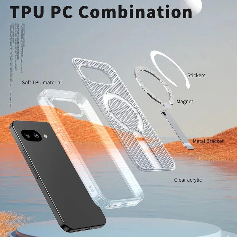 Magnetic Bracket Cooling Shockproof Phone Case For Google Pixel 10 9 Pro XL 10A 9A Mesh Ventilation Wireless Charging Phone Case