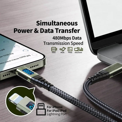 MFI Certified 27W USB-C to Lightning Cable Fast Charging LED Display Screen For iPhone 14/13/12/11/10 Series iPad Pro/Air