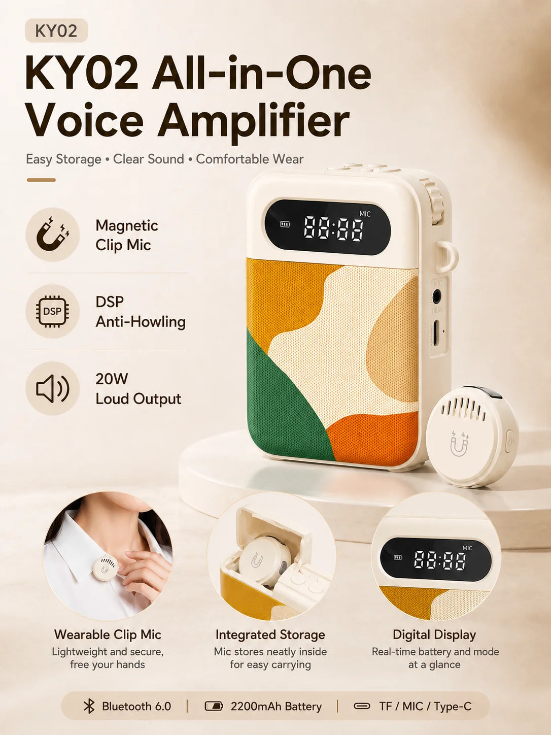 Voice Amplifier for Teachers, 20W Bluetooth 6.0 Speaker, Wireless Magnetic Clip Mic, Rechargeable for Classroom and Training