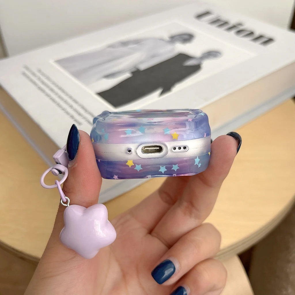 Dopamine Gradient Colorful Little Star Wavy Edge With Pendant Shock Proof Earphone Cover Case for AirPods 1 or 2 3 4 5 Pro 2 3