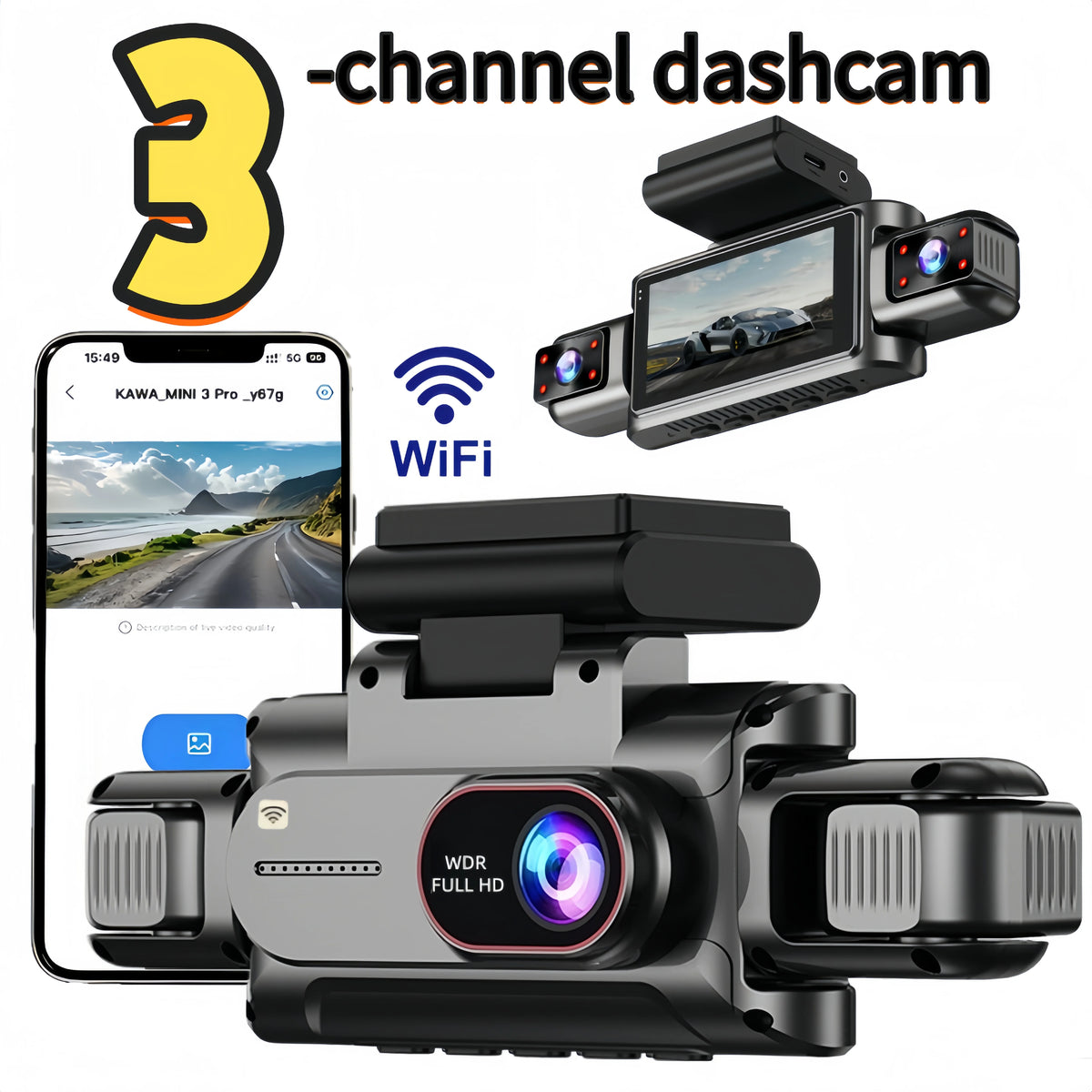 3-4 Channel WiFi Dash Cam, 1080P Full HD, APP WiFi Control, 3.5" Screen, HD Night Vision, 24H Parking Surveillance