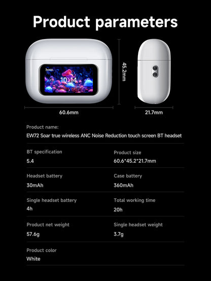 HOCO EW72 Wirelss Bluetooth 5.4 ANC Noise Reduction Earphone With LED Full Touch Smart Screen Charging Box Music Sports Earbuds