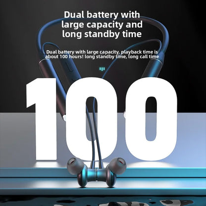 Neck-mounted TWS sports Bluetooth earphones with a metal casing, memory neckband, bendable and portable. Supports TF card playback for music. Dual battery design for ultra-long battery life. Supports simultaneous connection t