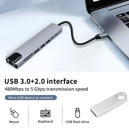 USB C HUB 4K30Hz Docking Station 8-IN-1 USB 3.0 Splitter Type C to RJ45 SD/TF Card Reader for MacBook Notebook Laptop Computer