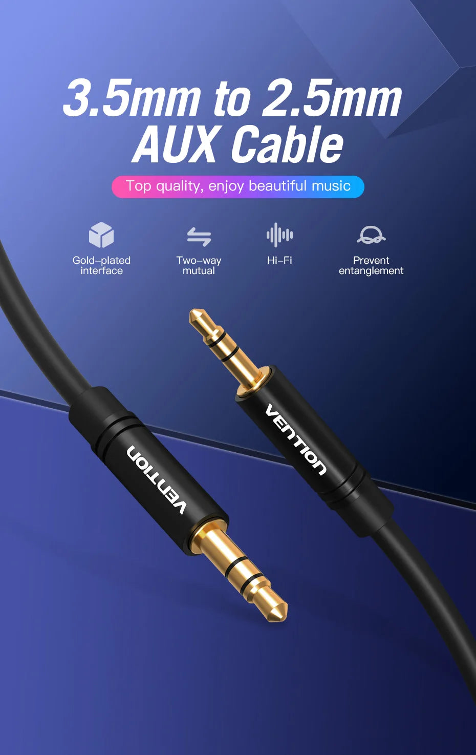 Vention Aux Cable 2.5mm to 3.5mm Audio Cable Jack 3.5 to 2.5 Male Aux Cable For Car Smartphone Speaker Headphone Mobile Phone