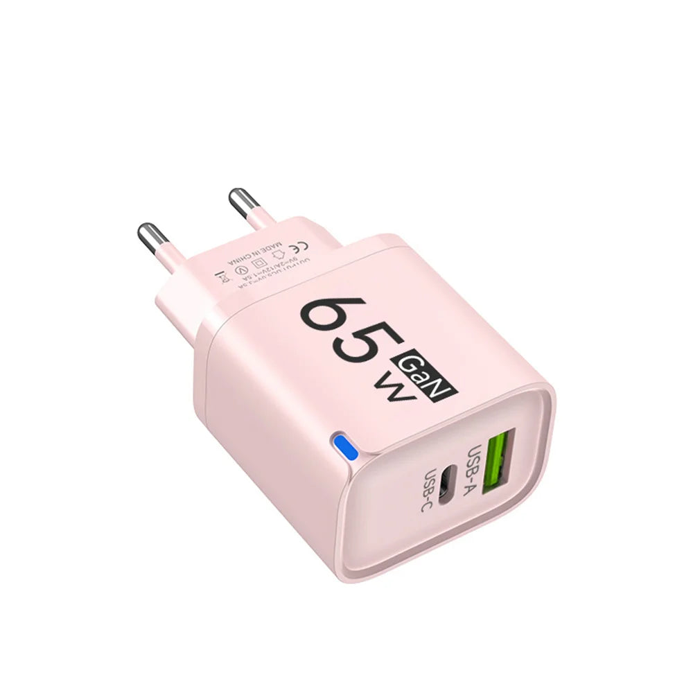 GaN 65W USB Type C Fast Charger 2 in 1 Portable Phone Wall Charger Quick Charge EU US UK Plug For iPhone Samsung Xiaomi Huawei