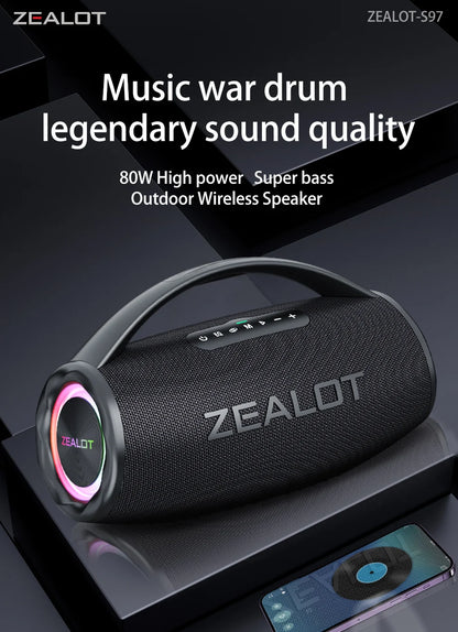 ZEALOT S97 80W Portable Bluetooth Speaker High Volume Waterproof 16000mAh Wireless TWS Subwoofer Suporrt USB/TF/AUX RGB Light.