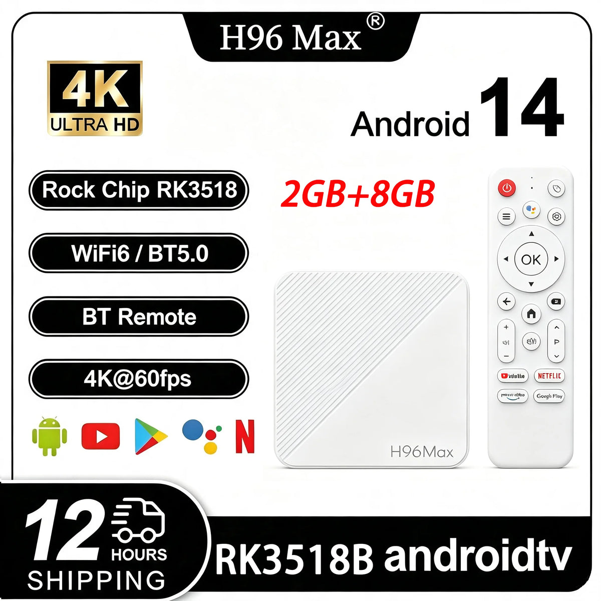 H96 MAX RK3518B Smart TV Box Android 14 4K UHD WiFi6 Bluetooth 5.4 Google Voice Remote Quad Core Media Player Set Top Box