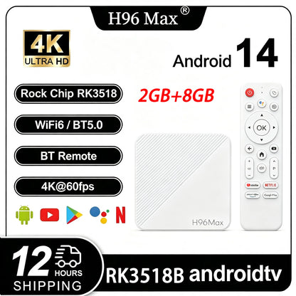 H96 MAX RK3518B Smart TV Box Android 14 4K UHD WiFi6 Bluetooth 5.4 Google Voice Remote Quad Core Media Player Set Top Box